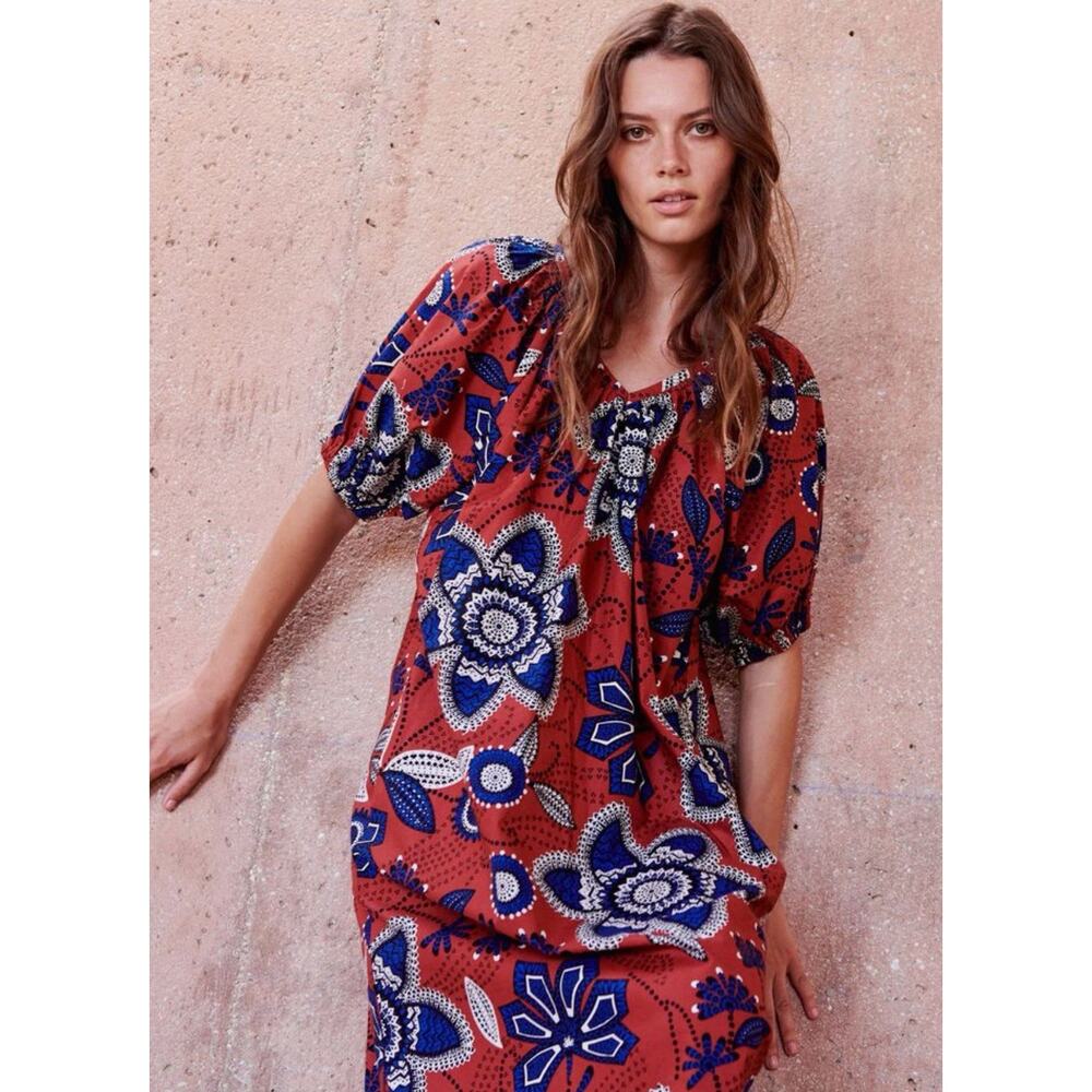 SUNDRY Anthropologie Exploded Floral Puff Sleeve Midi Dress In Brick Sz 1 Small